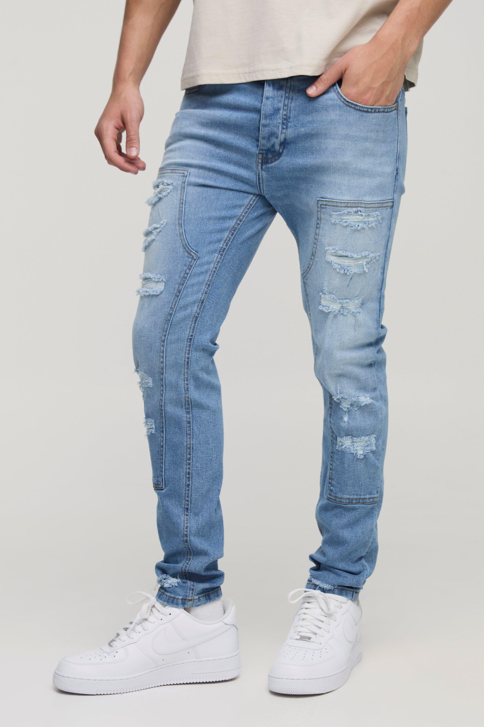 Mens Blue Skinny Stretch Ripped Carpenter Jeans, Blue